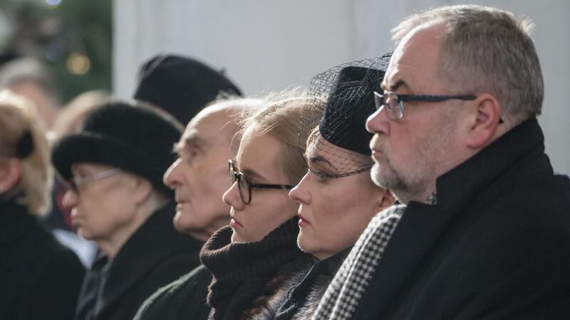 Family of the late Gdansk mayor Pawel Adamowicz:  his parents, his daughters Teresa and Antonina, his wife Magdalena and his brother Piotr Adamowicz attend his funeral. Photograph: Wojtek Radwanski/AFP