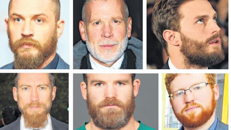 Top, from left, Tom Hardy; fashion director Nick Wooster’s meticulously maintained white beard; and beard chameleon Jamie Dornan. Bottom, from left, fashion buyer Justin O’Shea, who is recognisable by his beard as well as his impeccable suits; Gordon D’Arcy (who has since shaved); and writer Dave Rudden
