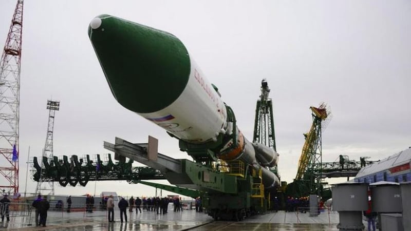 The  Russian Progress M-27M cargo ship being raised to the vertical position at the launch pad at Baikonur cosmodrome, Kazakhstan, on April 28th, 2015. Photograph: EPA/Roscosmos