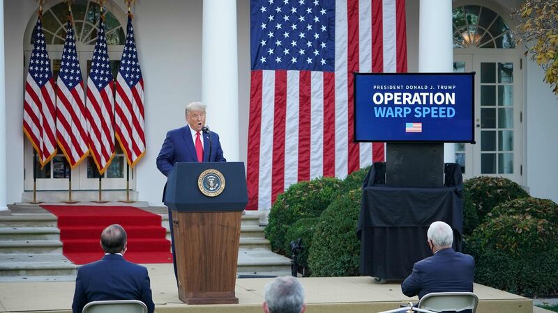 US President Donald Trump delivers an update on ‘Operation Warp Speed’ in the rose garden of the White House in Washington, DC on Friday. Photograph: Mandel Ngan/AFP via Getty Images