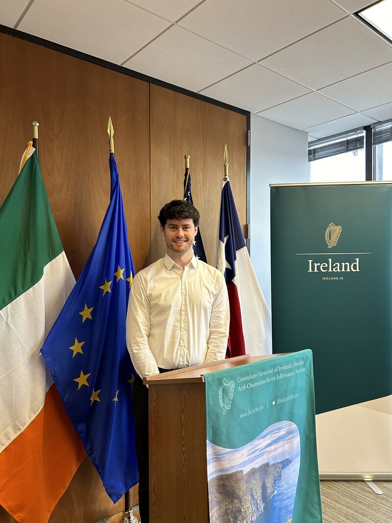 International graduate Cian O'Gallchóir at the Consulate General Ireland, in Austin, Texas on the Spirit of Ireland and DAFM's 2024 US Trade Mission