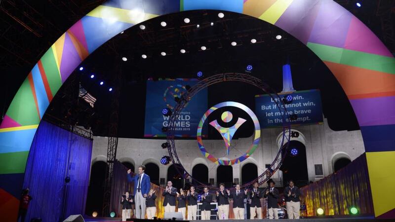 Special Olympics chairmanTim Shriver speaks at the Opening Ceremony. Photograph: Getty