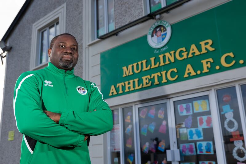 Obi Ojimadu at Mullingar Athletic AFC, where he began volunteering  about three weeks after he arrived in Mullingar. 'I’m not working just with kids, [it’s] with adults, with everybody.' Photograph: Tom O'Hanlon. 
