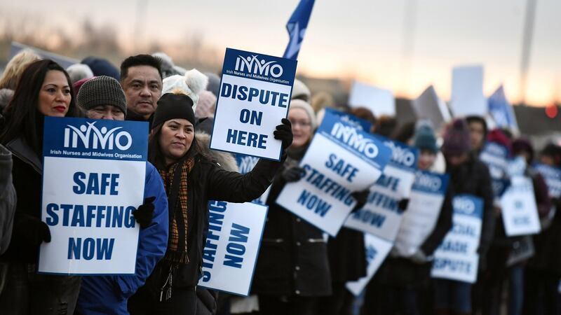 Nurse’s strike outside Connolly Hospital in Dublin on Wednesday morning. Photograph: Clodagh Kilcoyne/Reuters