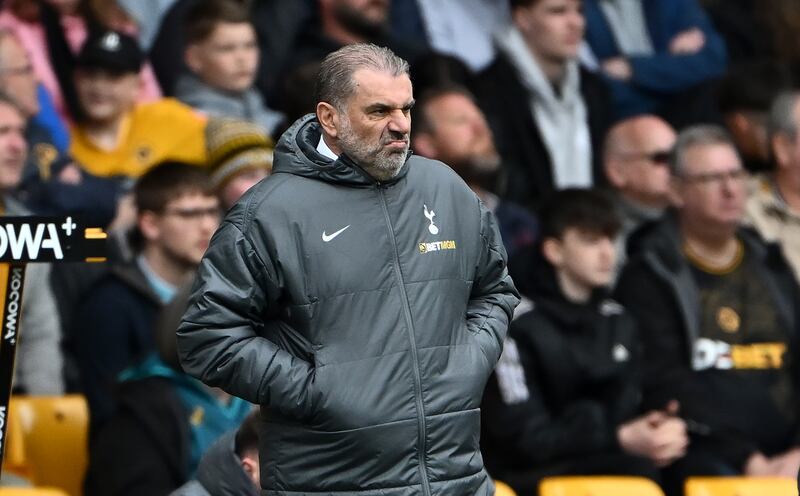 Tottenham Hotspur manager Ange Postecoglou on the sideline during last month's Premier League defeat to Wolverhampton Wanderers at Molineux. Photograph: Dan Mullan/Getty Images