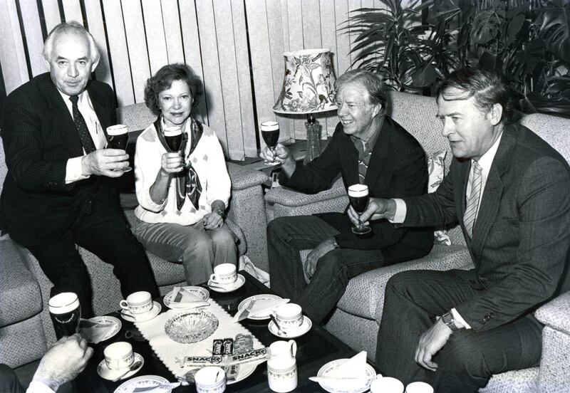 US president Jimmy Carter is seen here with wife Rosalynn and Shannon Airport's Michael Guerin tasting an Irish coffee during a visit post-presidency.