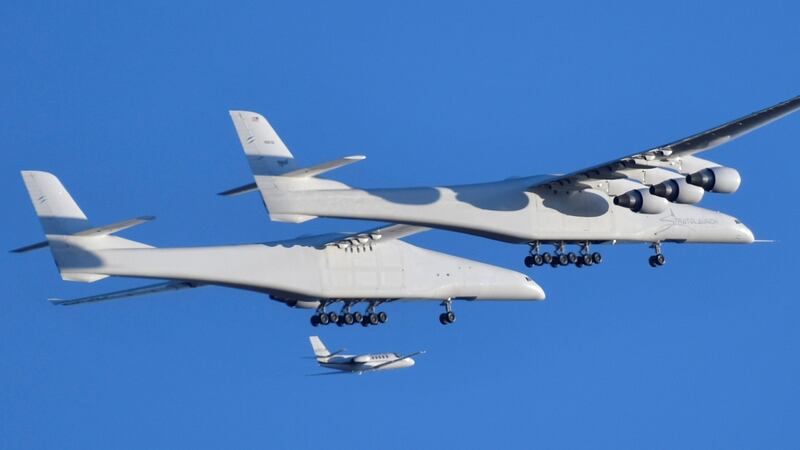 The world’s largest airplane - known as the Roc - during its first test flight. Photograph: Reuters