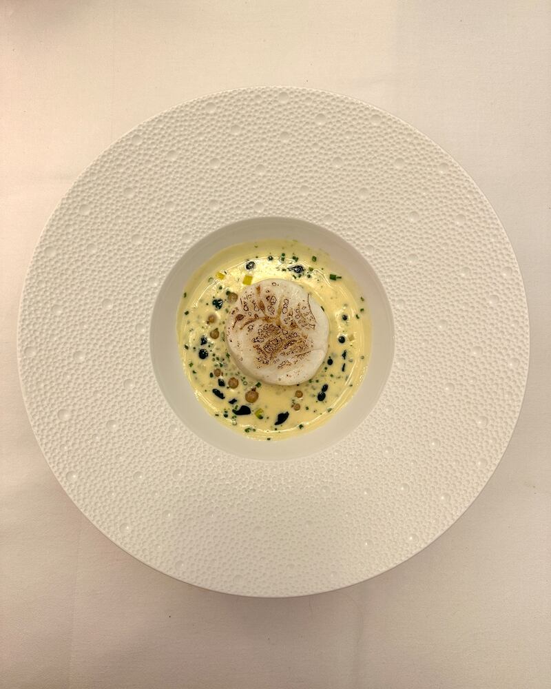 Cod caught off Wexford gently steamed and served with a sauce of wild mussels, grilled leek, horseradish and pickled white currants