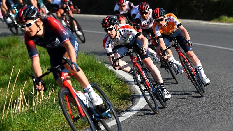 Eddie Dunbar of Ireland in the white leader jersey   during the   Settimana Internazionale Coppi e Bartali. Photograph: Dario Belingheri/Getty Images