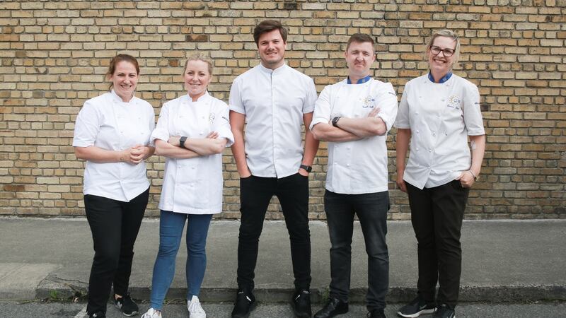 Judges Shauna Froydenlund, Anna Haugh, Jordan Bailey and Gareth Mullins, with kitchen co-ordinator Domini Kemp.