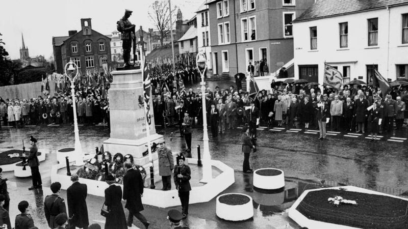 Enniskillen bombing: Margaret Thatcher (bottom left), the British prime minister, at a commemoration two weeks after the explosion. Photograph: Matt Kavanagh