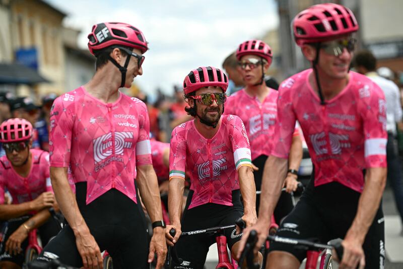 Ireland's Ben Healy (centre) with his EF Education-EasyPost ahead of Sunday 169.3km Stage 15 between Muret and Carcassonne. Photograph: Loic Venance/AFP via Getty Images         