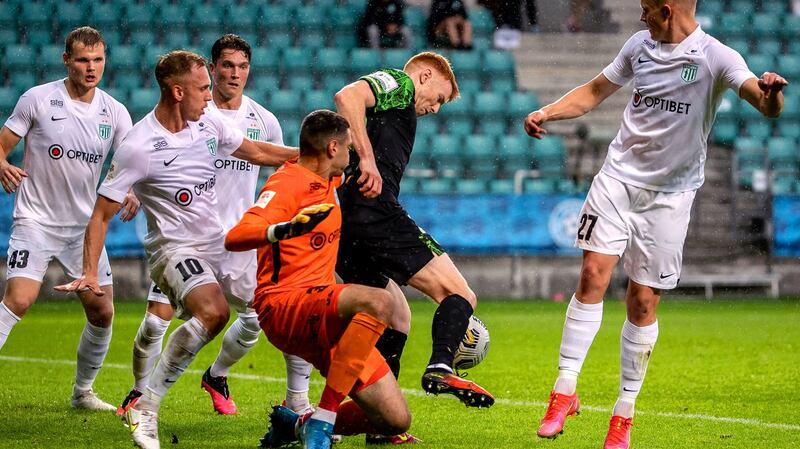Shamrock Rovers’ Rory Gaffney is surrounded by Flora goalkeeper Matvei Igonen, Martin Miller and Michael Lilander. Photograph: Sander Ilvest/Inpho