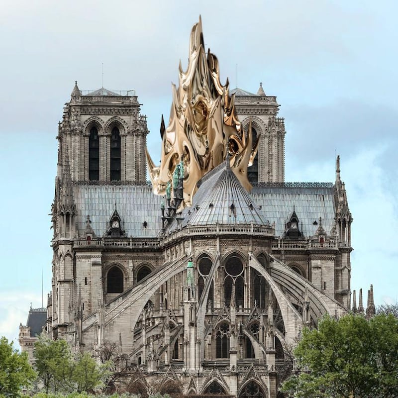 A new Notre-Dame?: Mathieu Lehanneur’s proposal features a 100m spire flame rendered in carbon fibre and gold leaf. Illustration: Mathieu Lehanneur via New York Times