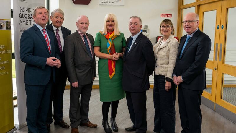 Minister for Agriculture Michael Creed with John Malone; Chair Meat Technology Ireland, IBEC’s Meat Industry Ireland Chairman, Phillip Carroll; Minister for Jobs, Enterprise and Innovation, Mary Mitchell O’Connor; Prof Gerry Boyle, Director of Teagasc; CEO of Enterprise Ireland, Julie Sinnamon; and Dr Noel Cawley, Chair Teagasc, at the launch of Meat Technology Ireland
