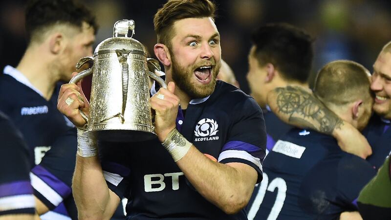Ryan Wilson celebrates with the Calcutta Cup after Scotland’s win over England. Photo: Andy Buchanan/Getty Images