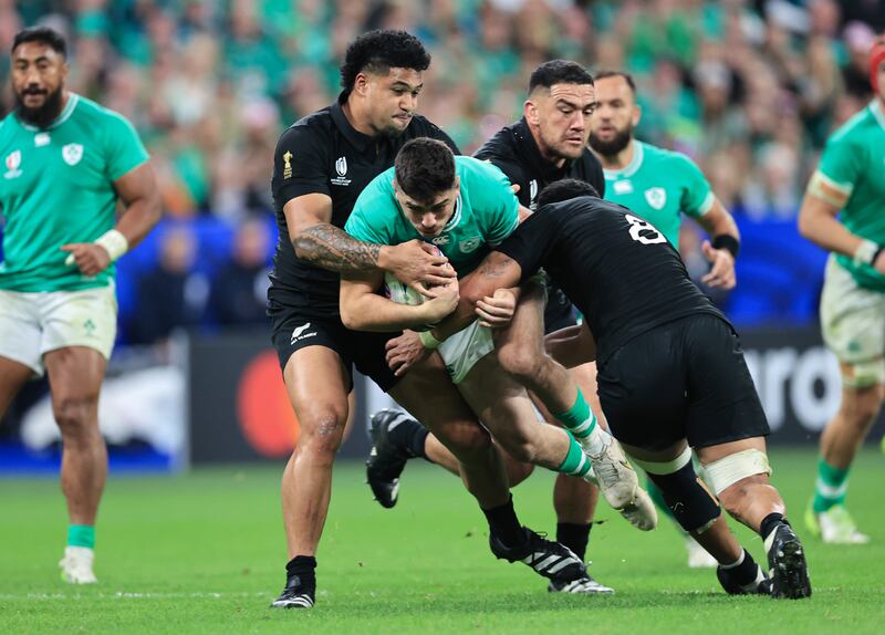 Ireland’s Jimmy O’Brien in action against the All Blacks during the thrilling quarter-final clash at the Stade de France. Photograph: Billy Stickland/Inpho 