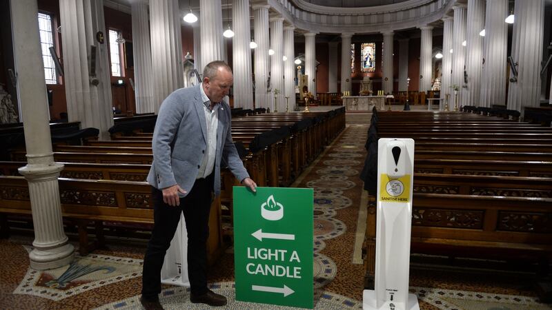 Robbie Byrne, facility manager prepares St Mary’s Pro-Cathedral, Marlborough Street, Dublin, for reopening after being closed for months. Photograph: Dara Mac Dónaill