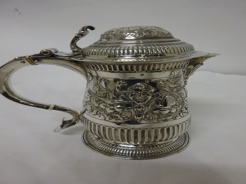 An English silver lidded jug from 1877 is inscribed with Jane Countess of Bantry. Photograph: Lynes & Lynes