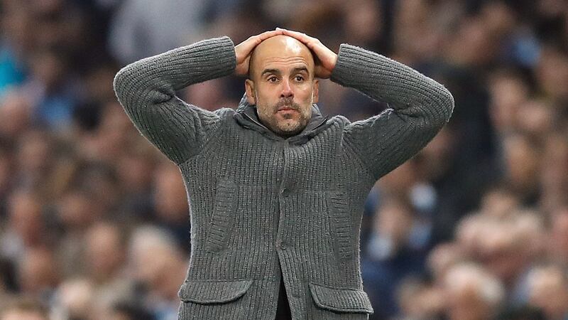 Manchester City manager Pep Guardiola after the crucial goal was disallowed. Photograph: Martin Rickett/PA Wire