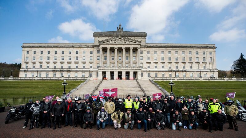 Motorcyclists at the Stormont buildings in Belfast take part in the Rolling Thunder ride protest to support of Soldier F, who is facing prosecution over Bloody Sunday. Photograph: Liam McBurney/PA Wire