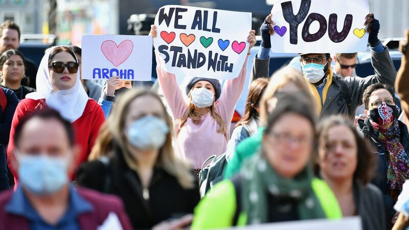 Members of the public wait outside Christchurch High Court as they want to show the victims their support during the sentencing of Brenton Harrison Tarrant. Photograph: Kai Schwoerer/Getty Images.