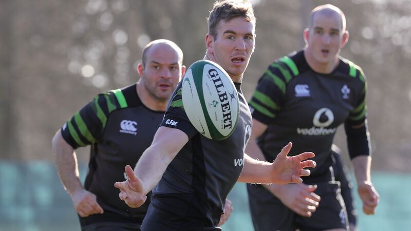 Chris Farrell with Rory Best and Devin Toner during an Ireland squad session at Carton House, Co Kildare. Photograph: Dan Sheridan/Inpho