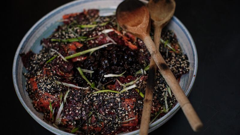 Sea vegetable salad with pickled sour cherries