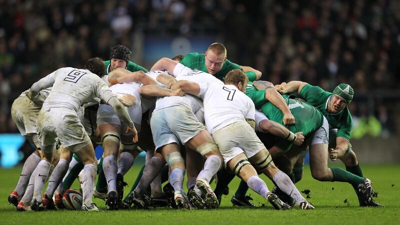 Ireland’s scrum in trouble against England as Ireland’s Stephen Ferris, Tom Court and Sean O’Brien look on during their  Six Nations Championship game on St Patrick’s Day 2012.  Photograph: Billy Stickland