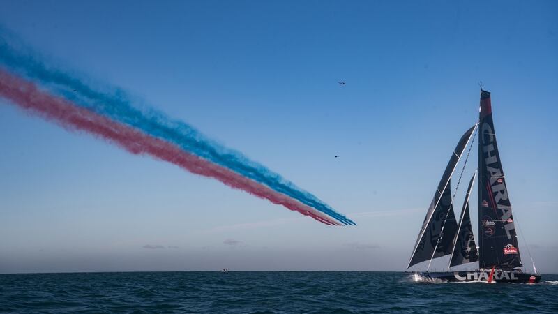 French skipper Jeremie Beyou sails his Imoca 60 Charal after the start of the race off Les Sables-d’Olonne. File photograph: Getty