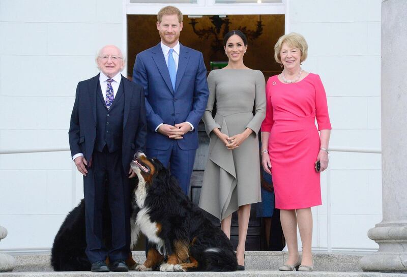 Dublin mini-moon: Prince Harry and his wife Meghan Markle at Áras an Uachtaráin to meet President Michael D Higgins and his wife Sabina. Photograph: Cyril Byrne / The Irish Times