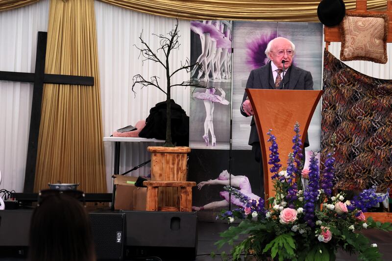 President Michael D Higgins delivering a speech in the grounds of Aras an Uachtárain on Sunday