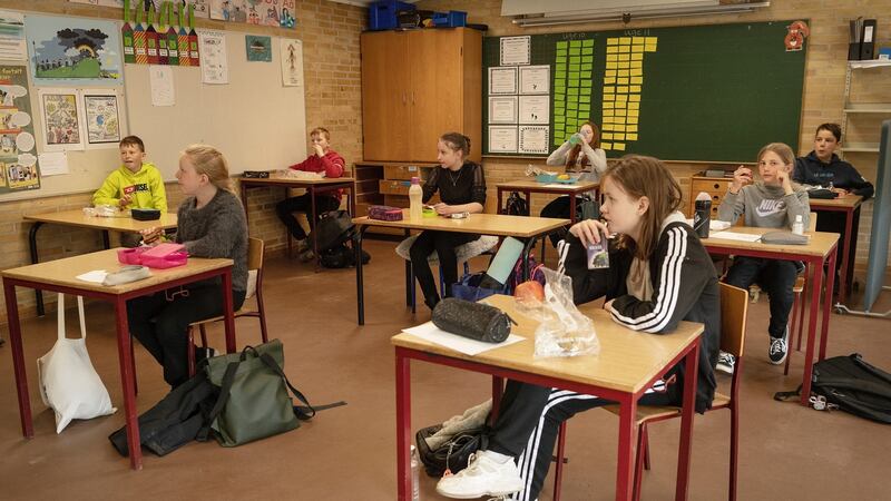 Students have lunch break at the Korshoejskolen in Randers, Denmark. Photograph: Bo Amstrup/EPA