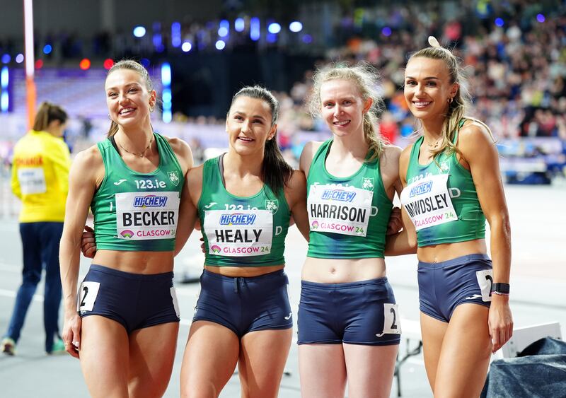 Ireland's Sophie Becker, Phil Healy, Roisin Harrison and Sharlene Mawdsley after the women's 4x400m relay in Glasgow. Photograph: Jane Barlow/PA Wire