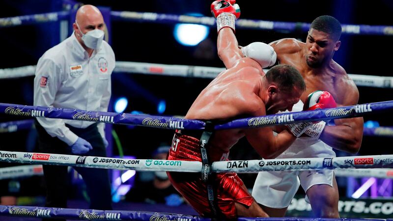 Anthony Joshua  ups the pressure  on  Kubrat Pulev during their heavyweight world title boxing match at Wembley Arena. Photograph: Andrew Couldridge/AFP via Getty Images