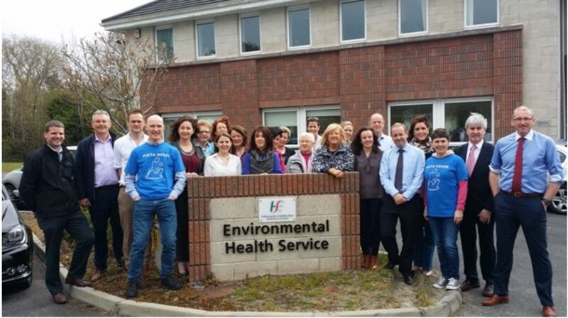 With HSE staff at the Dangan Business Park organised by Maurice Mulcahy – second from right. Gearóid O’Connell and Eileen Griffin wearing Pieta House t-shirts.