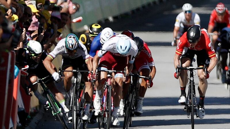 Sagan’s move looked like a pretty vicious one, although only he knows if he acted deliberately or not.  Photograph: EPA