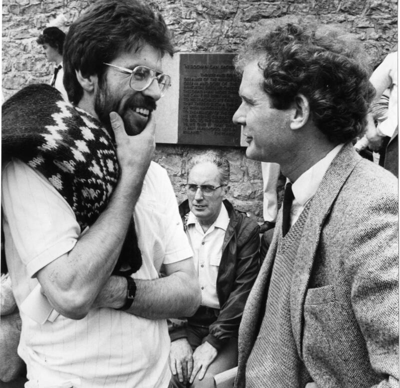 Gerry Adams, Ruairi O Bradaigh and Martin McGuinness at the 1986 Sinn Fein Ard Comhairle. Photograph: Peter Thursfield 