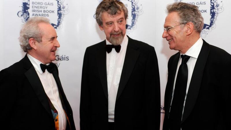 John Banville, who was presented with the Bob Hughes Lifetime Achievement award, and winners Michael Harding and Fintan O’Toole. Photograph: Dave Meehan/The Irish Times