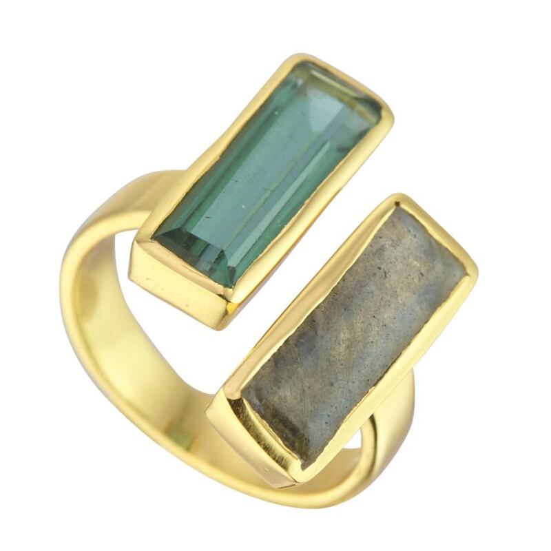 Juvi Vermeil Manhattan ring in Labradorite and green tourmaline, €119, Juvidesigns.com
