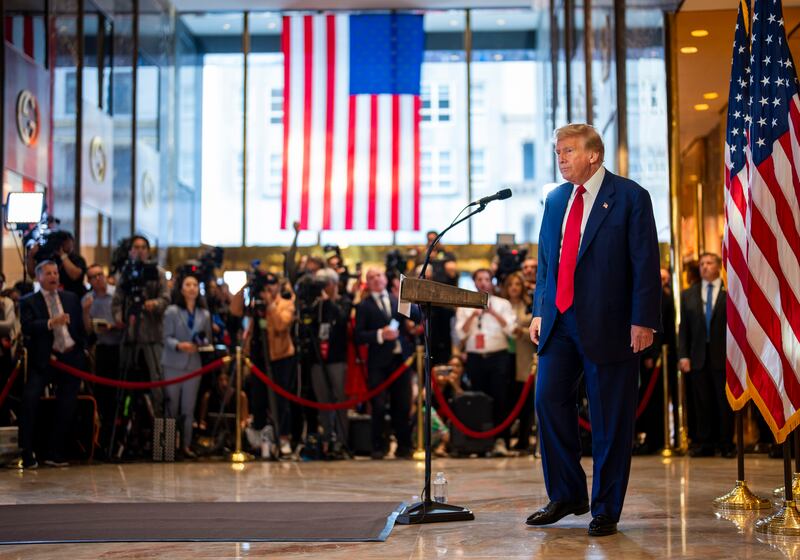 Trump delivers remarks at Trump Tower in New York on Friday. Photograph: Doug Mills/New York Times
