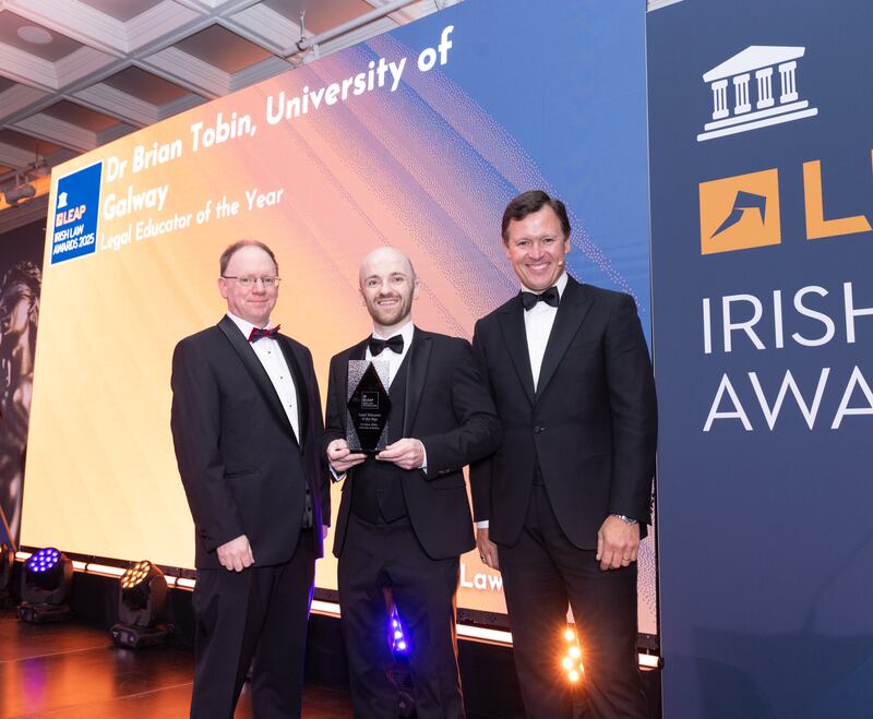Richard Hammond, solicitor and partner at Hammond Good LLP and chair of the judging panel of the Leap Irish Law Awards; Dr Brian Tobin, senior lecturer at School of Law, University of Galway; and Anton Savage, MC of the night. Photograph: Paul Sherwood