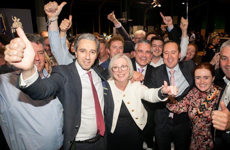 Taoiseach Simon Harris TD with Fine Gael candidate Regina Doherty after she was elected MEP for the Dublin constituency. Photograph: Gareth Chaney/PA Wire