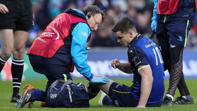 Johnny Sexton receives attention during leinster’s win over Exeter - the Ireland outhalf was forced off with a head injury. Photograph: Brina Lawless/PA