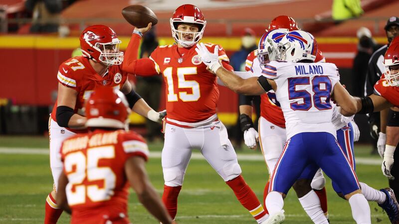Patrick Mahomes throws a pass in the first half against the Buffalo Bills. Photo: Jamie Squire/Getty Images