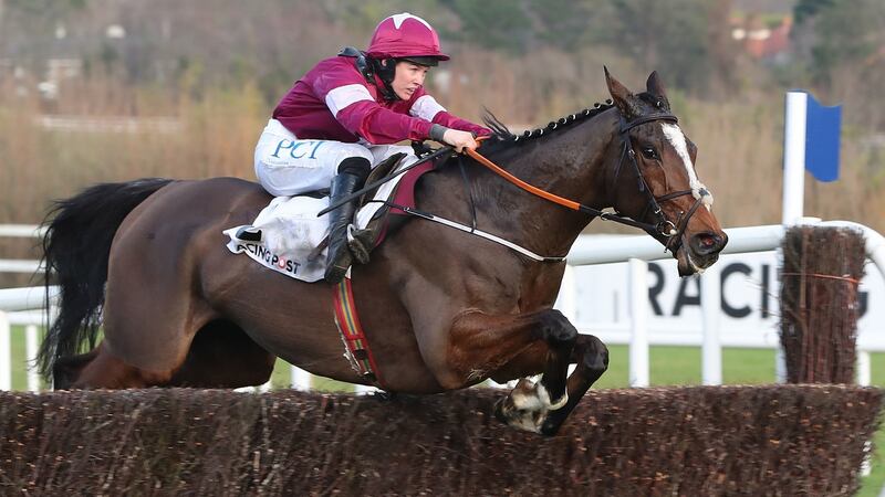 Notebook, ridden by Rachel Blackmore, jumps the last to win the Racing Post Novice Steeplechase during day one of the Christmas festival at Leopardstown Racecourse.  Photograph: Niall Carson/PA Wire