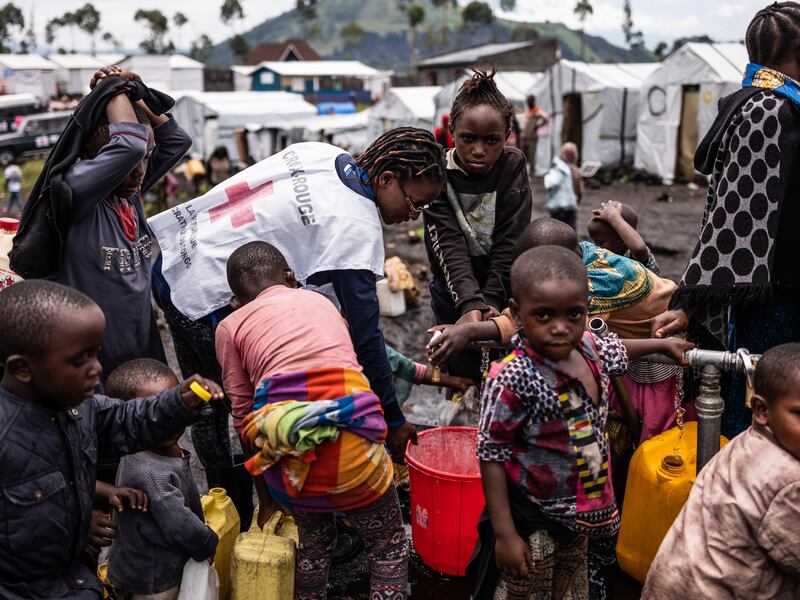 Community members use a water point in Bulengo displacement camp in Goma, Democratic Republic of Congo. Photograph: Cunningham/Getty Images