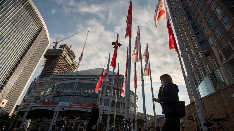 Flags at the  2020 Frankfurt Book Fair, the world’s largest fair for books,   taking place in Frankfurt in  Germany on Tuesday on a smaller scale this year. Photograph: Photograph: Thomas Lohnes/EPA