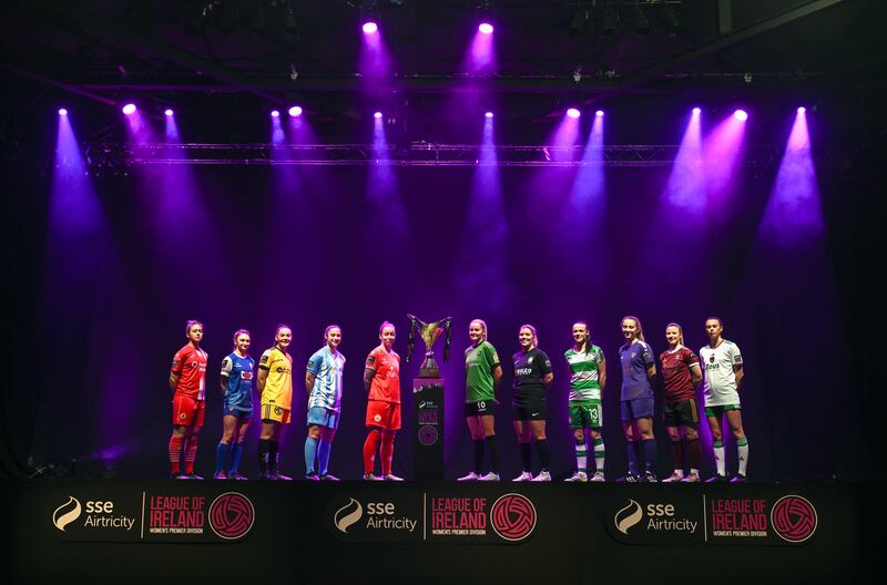 League of Ireland Women's Premier Division players at the launch of the 2024 season. Photograph: Stephen McCarthy/Sportsfile