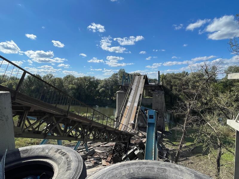 A destroyed bridge over the Siverskyi Donets river in Izyum, eastern Ukraine, which was liberated recently after five months of Russian occupation. Photograph: Daniel McLaughin